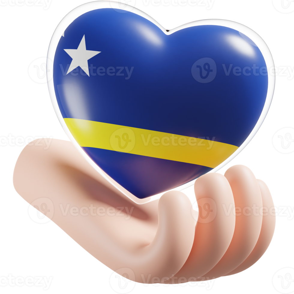 Curacao flag with heart hand care realistic 3d textured png