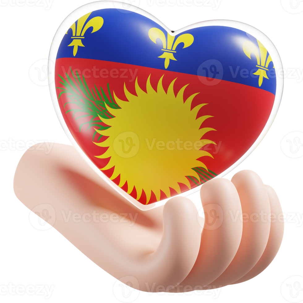 Guadeloupe flag with heart hand care realistic 3d textured png