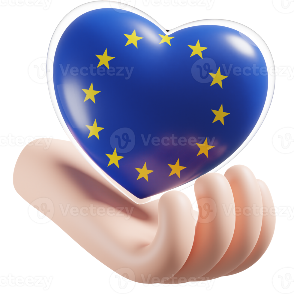 European Union flag with heart hand care realistic 3d textured png