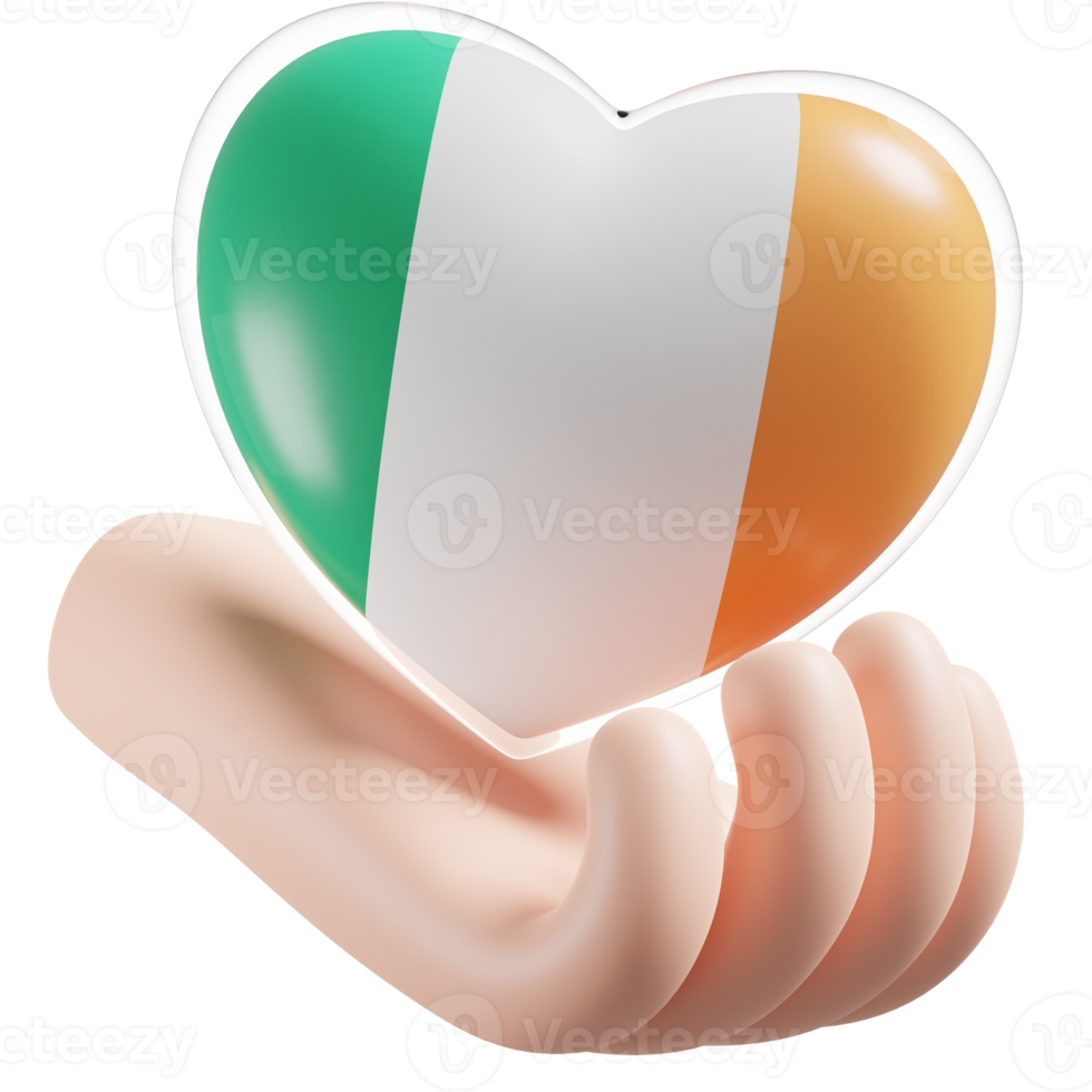 Ireland flag with heart hand care realistic 3d textured png