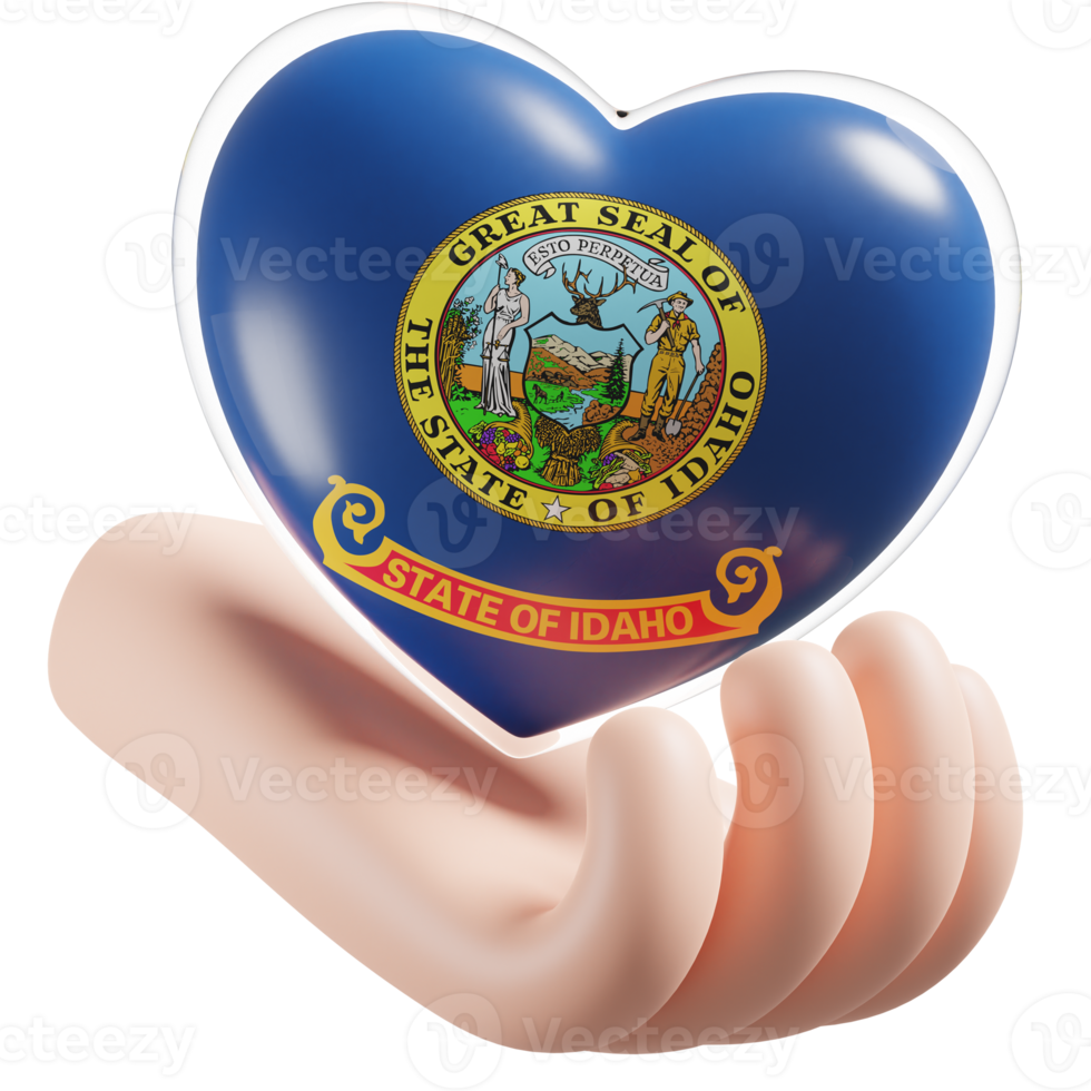 Idaho flag with heart hand care realistic 3d textured png