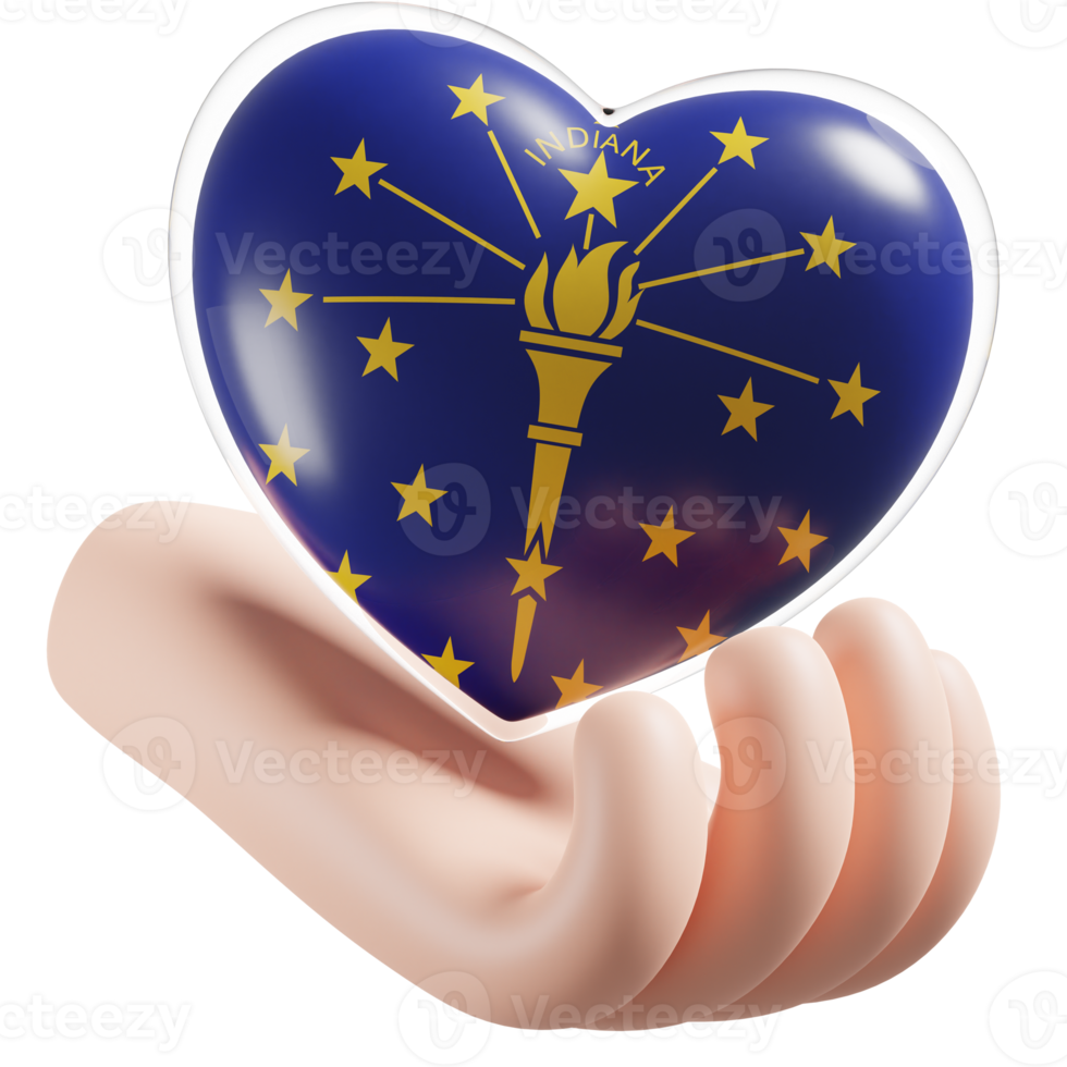 Indiana flag with heart hand care realistic 3d textured png