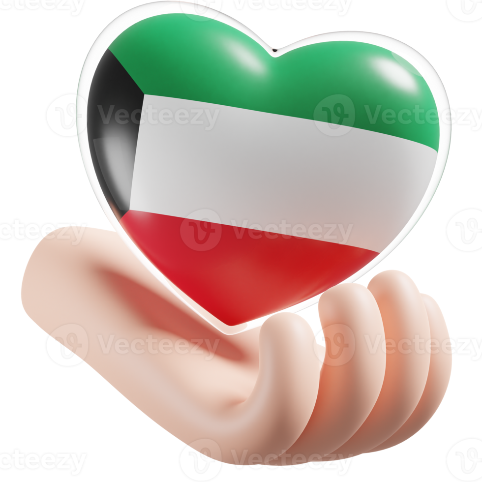 Kuwait flag with heart hand care realistic 3d textured png