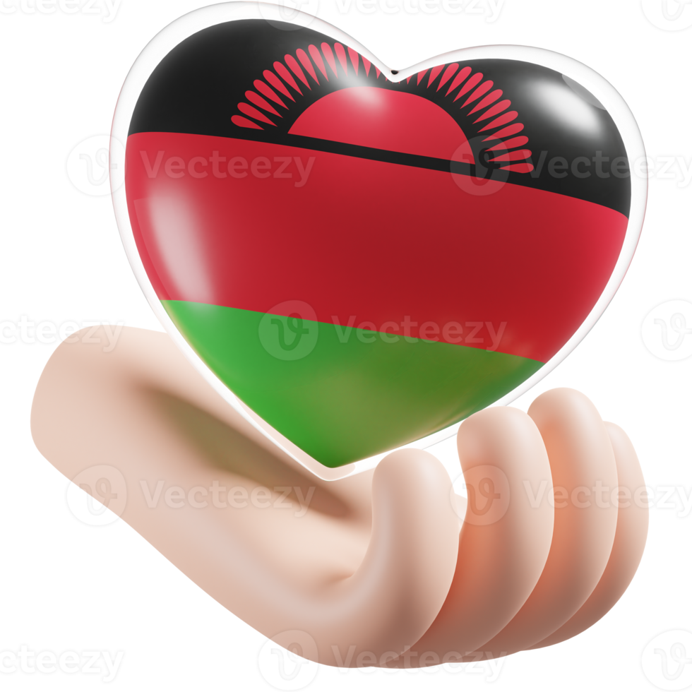 Malawi flag with heart hand care realistic 3d textured png