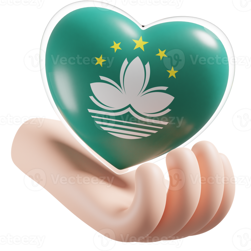 Macau flag with heart hand care realistic 3d textured png