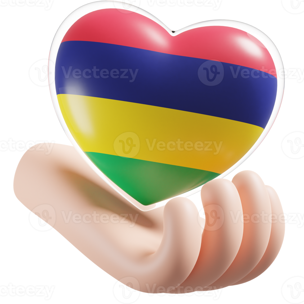 Mauritius flag with heart hand care realistic 3d textured png