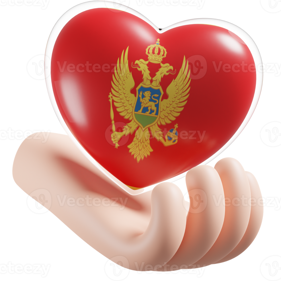 Montenegro vlag met hart hand- zorg realistisch 3d getextureerde png