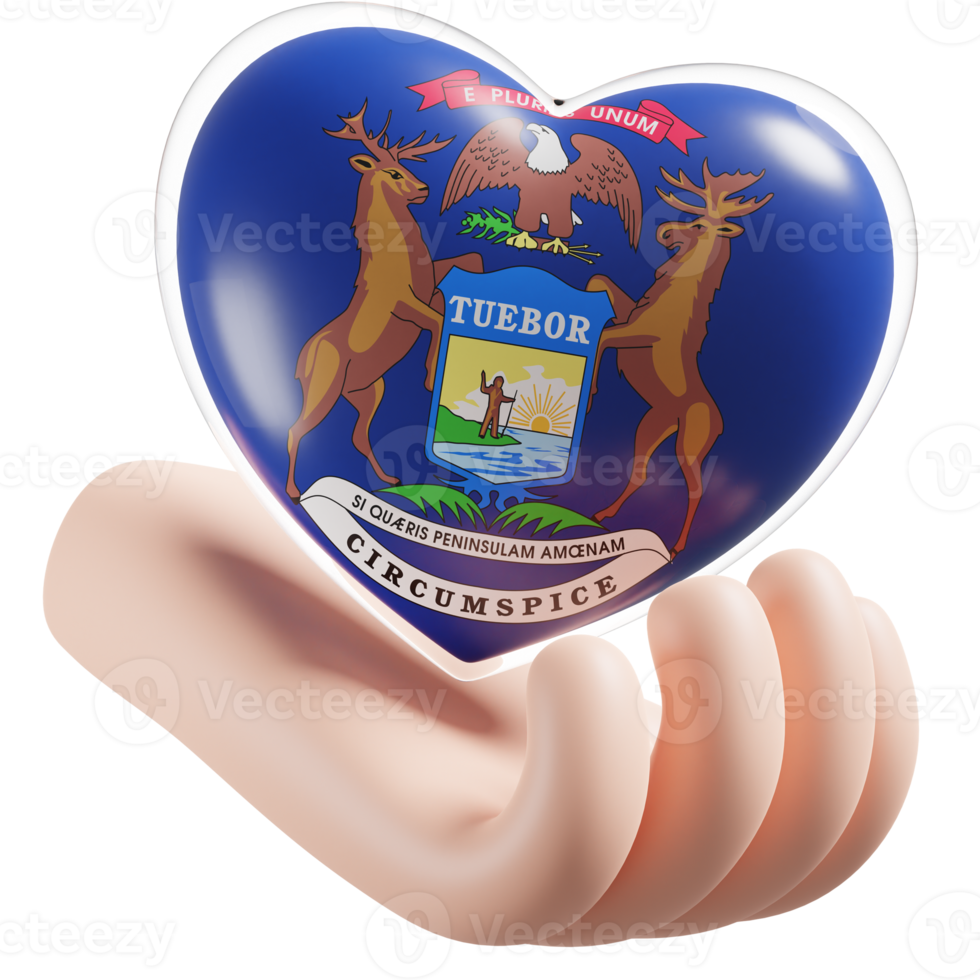 Michigan flag with heart hand care realistic 3d textured png