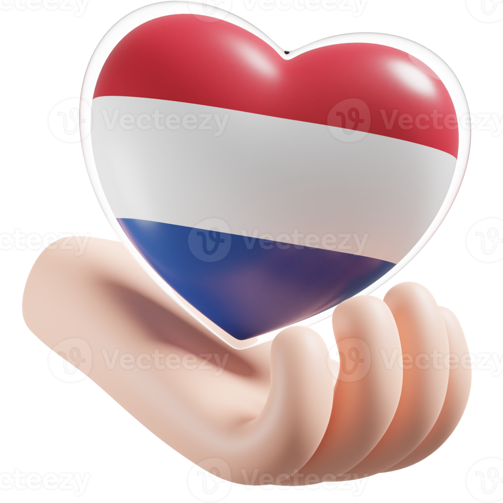 Netherlands flag with heart hand care realistic 3d textured png
