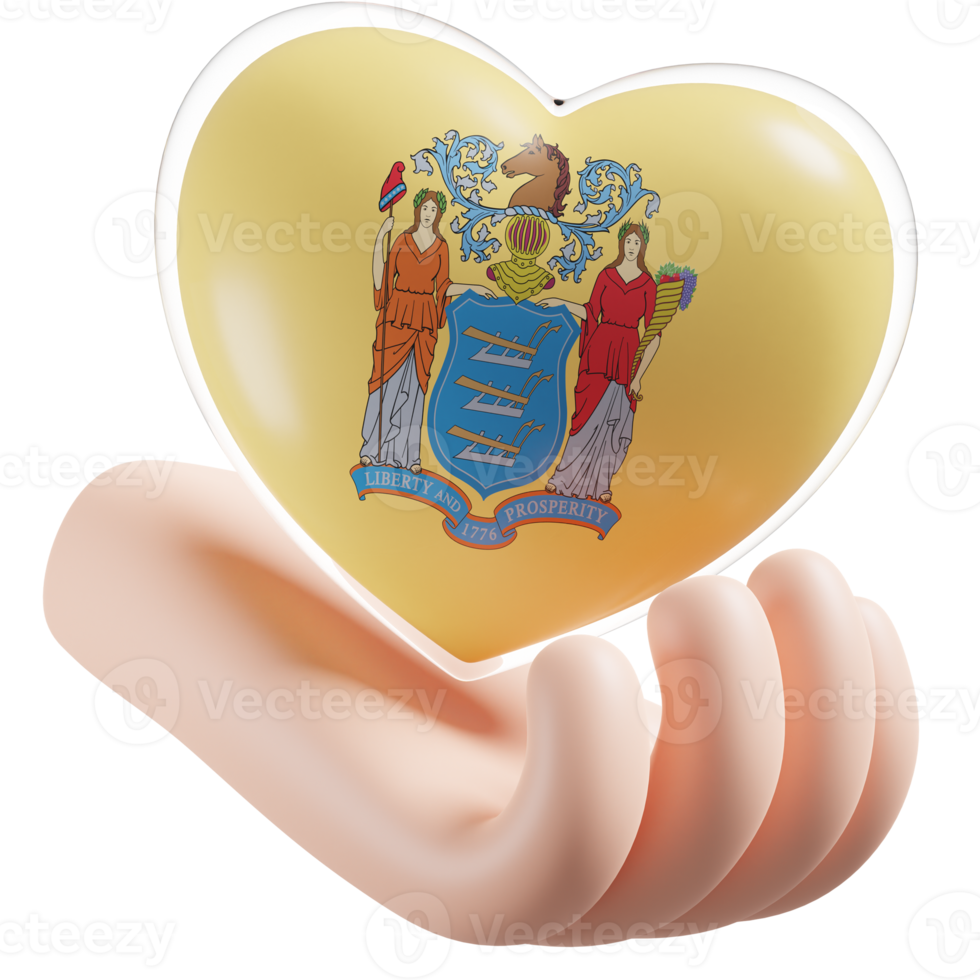 nieuw Jersey vlag met hart hand- zorg realistisch 3d getextureerde png