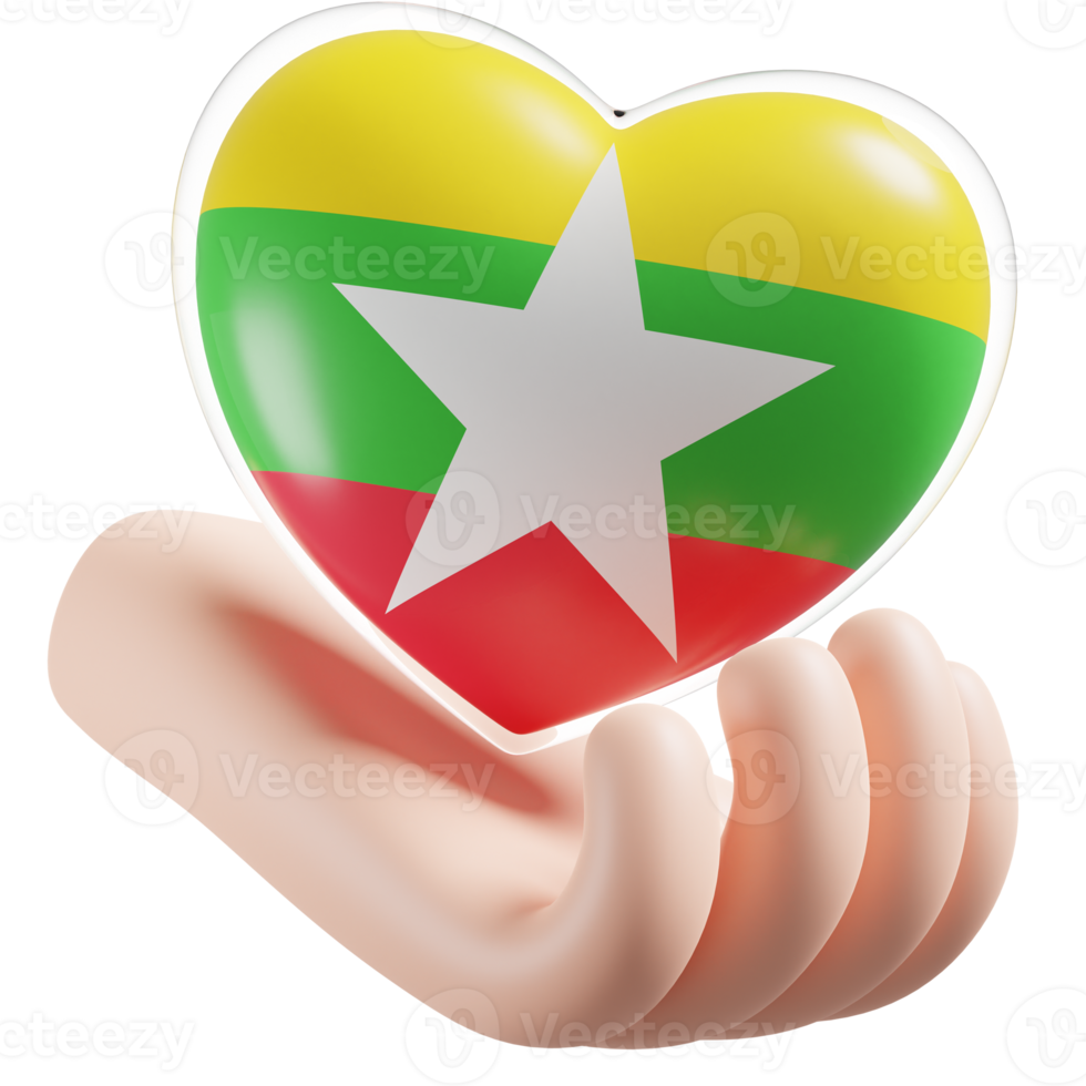 Myanmar vlag met hart hand- zorg realistisch 3d getextureerde png