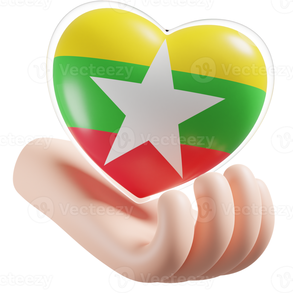 Myanmar flag with heart hand care realistic 3d textured png
