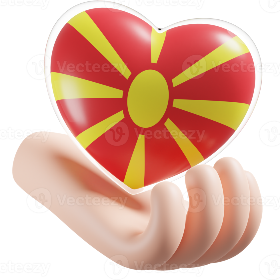 North Macedonia flag with heart hand care realistic 3d textured png