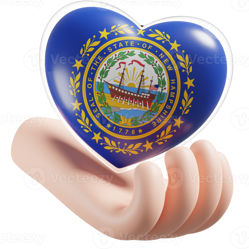 New Hampshire flag with heart hand care realistic 3d textured png