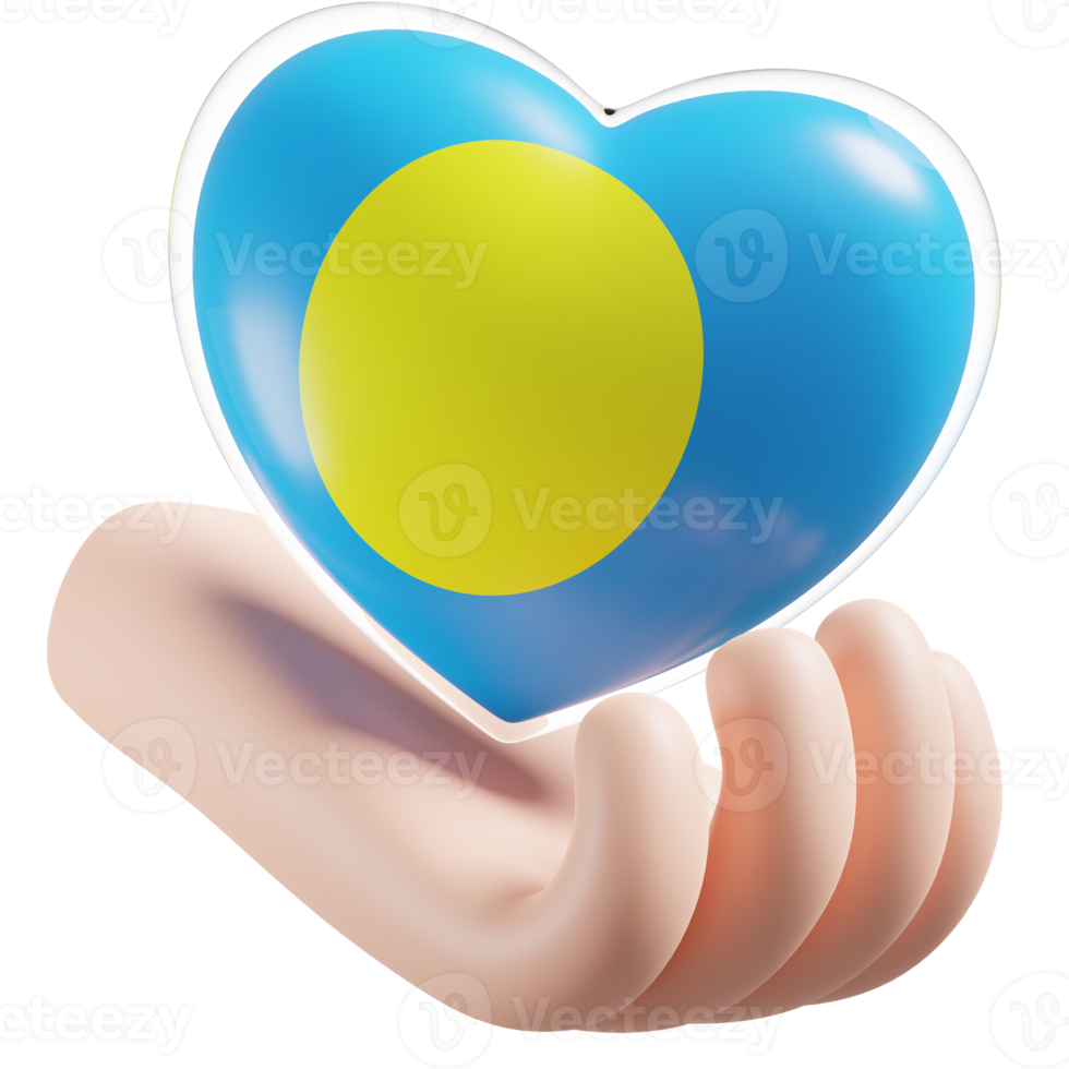 Palau flag with heart hand care realistic 3d textured png