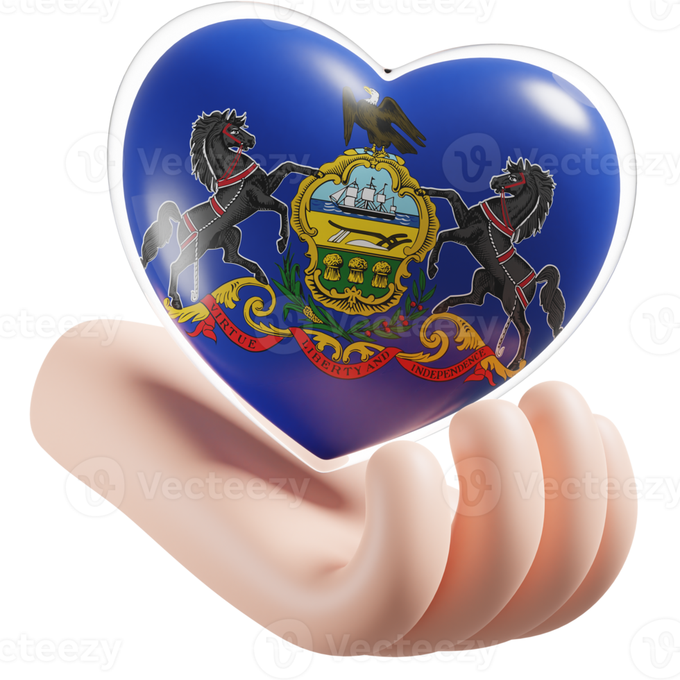 Pennsylvania flag with heart hand care realistic 3d textured png