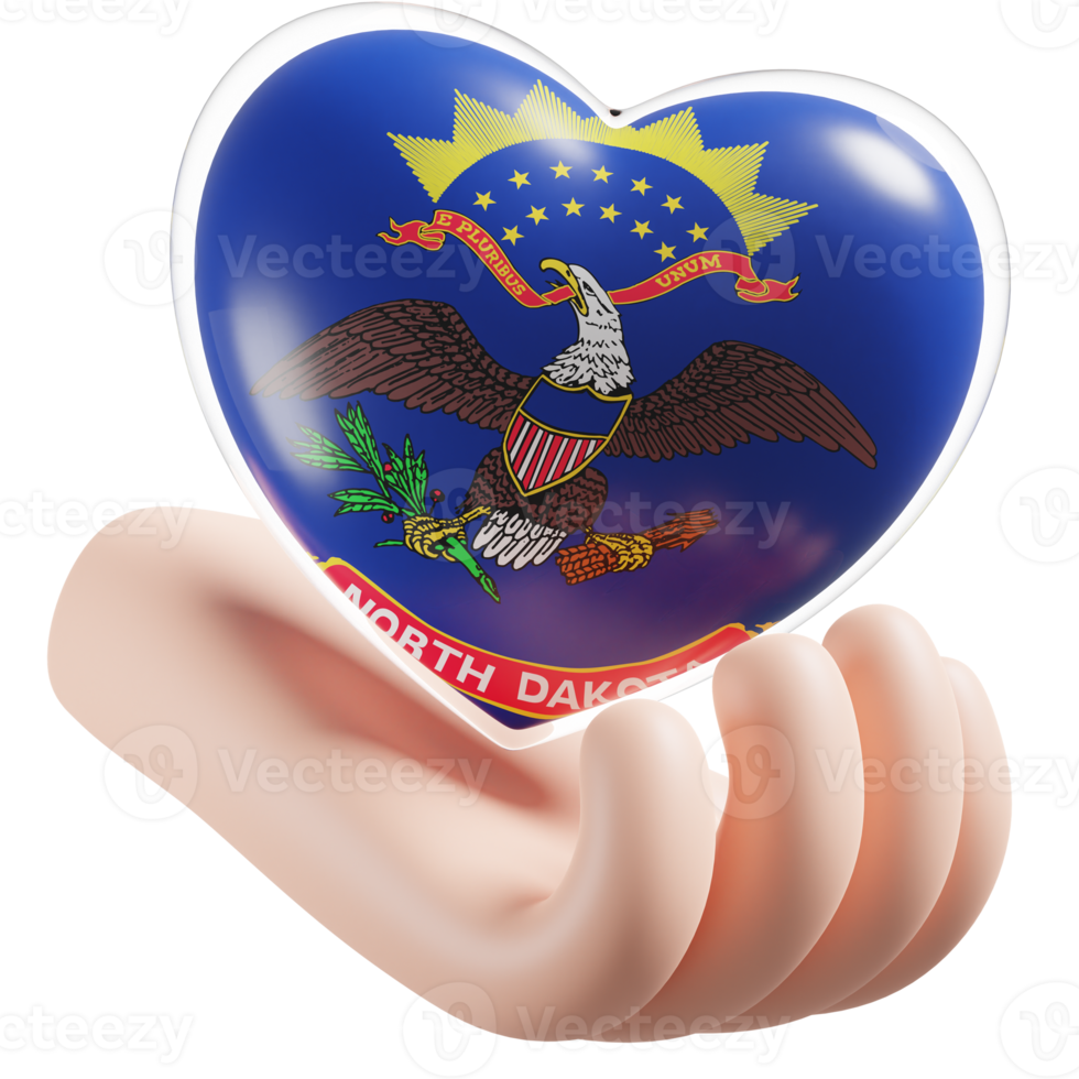 North Dakota flag with heart hand care realistic 3d textured png