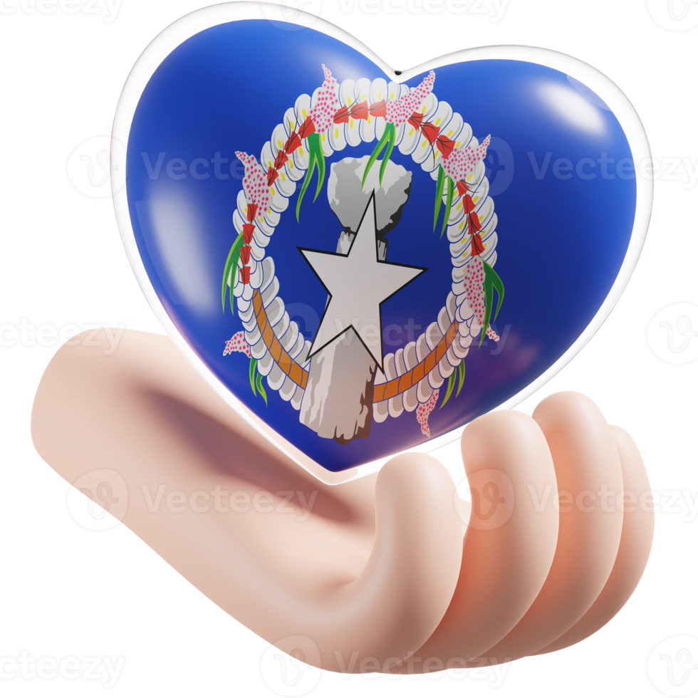 Northern Mariana Islands flag with heart hand care realistic 3d textured png