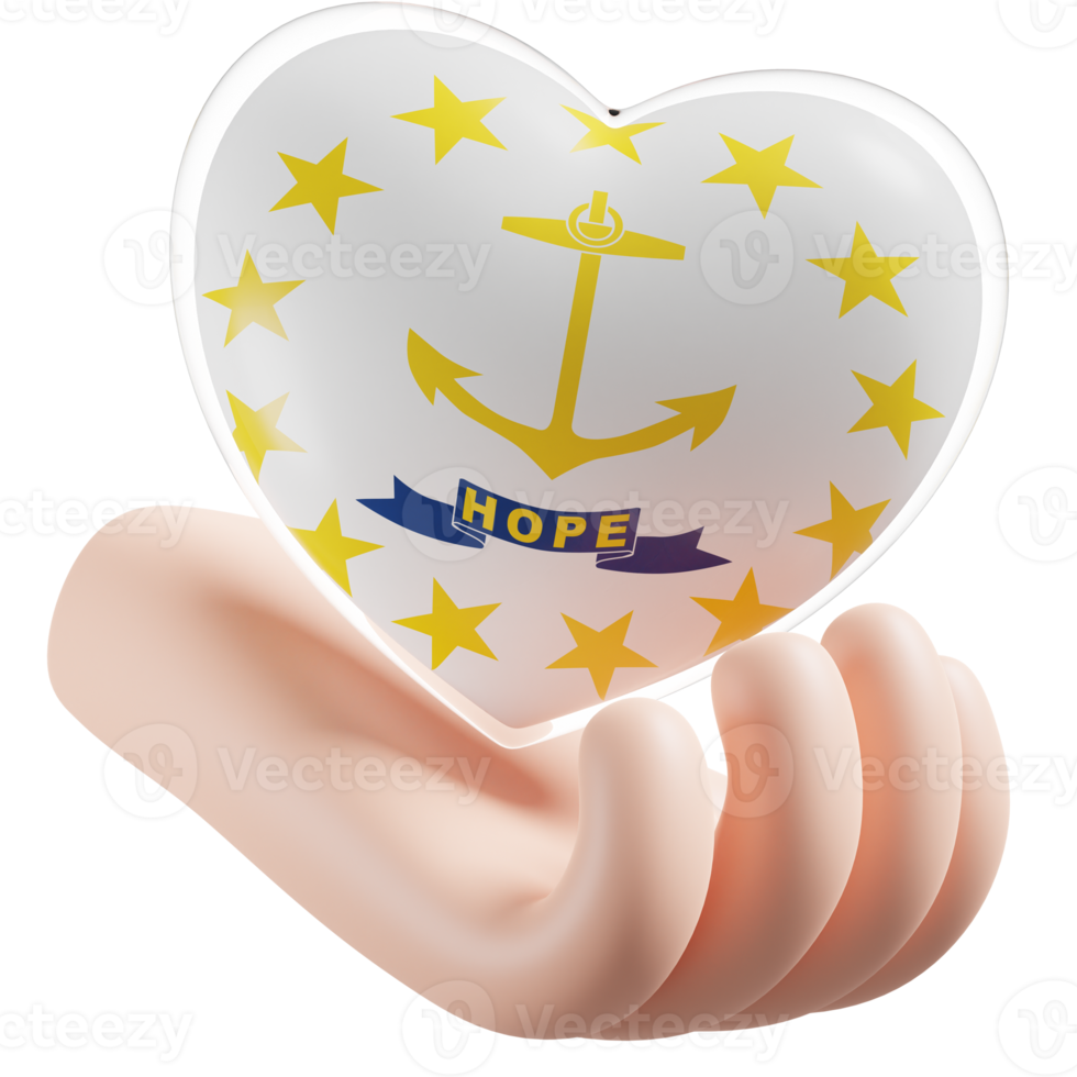 Rhode isla bandera con corazón mano cuidado realista 3d texturizado png