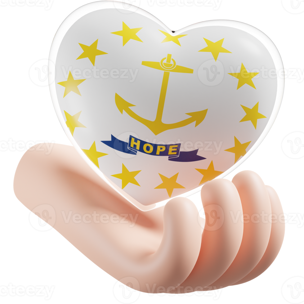 Rhode Island flag with heart hand care realistic 3d textured png