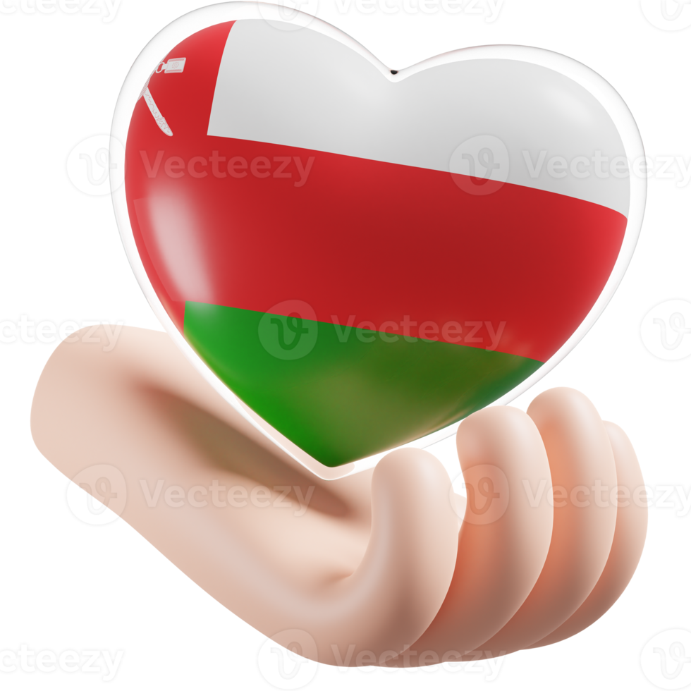 Oman flag with heart hand care realistic 3d textured png