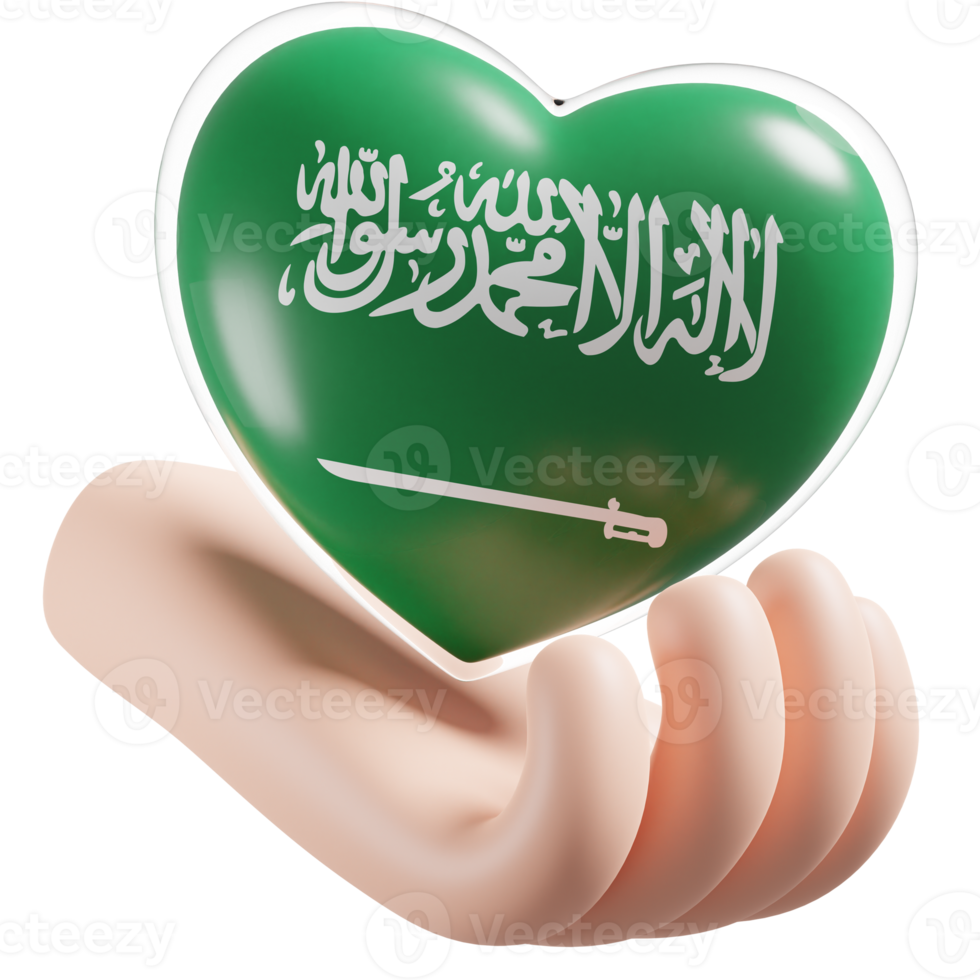 Saudi Arabia flag with heart hand care realistic 3d textured png