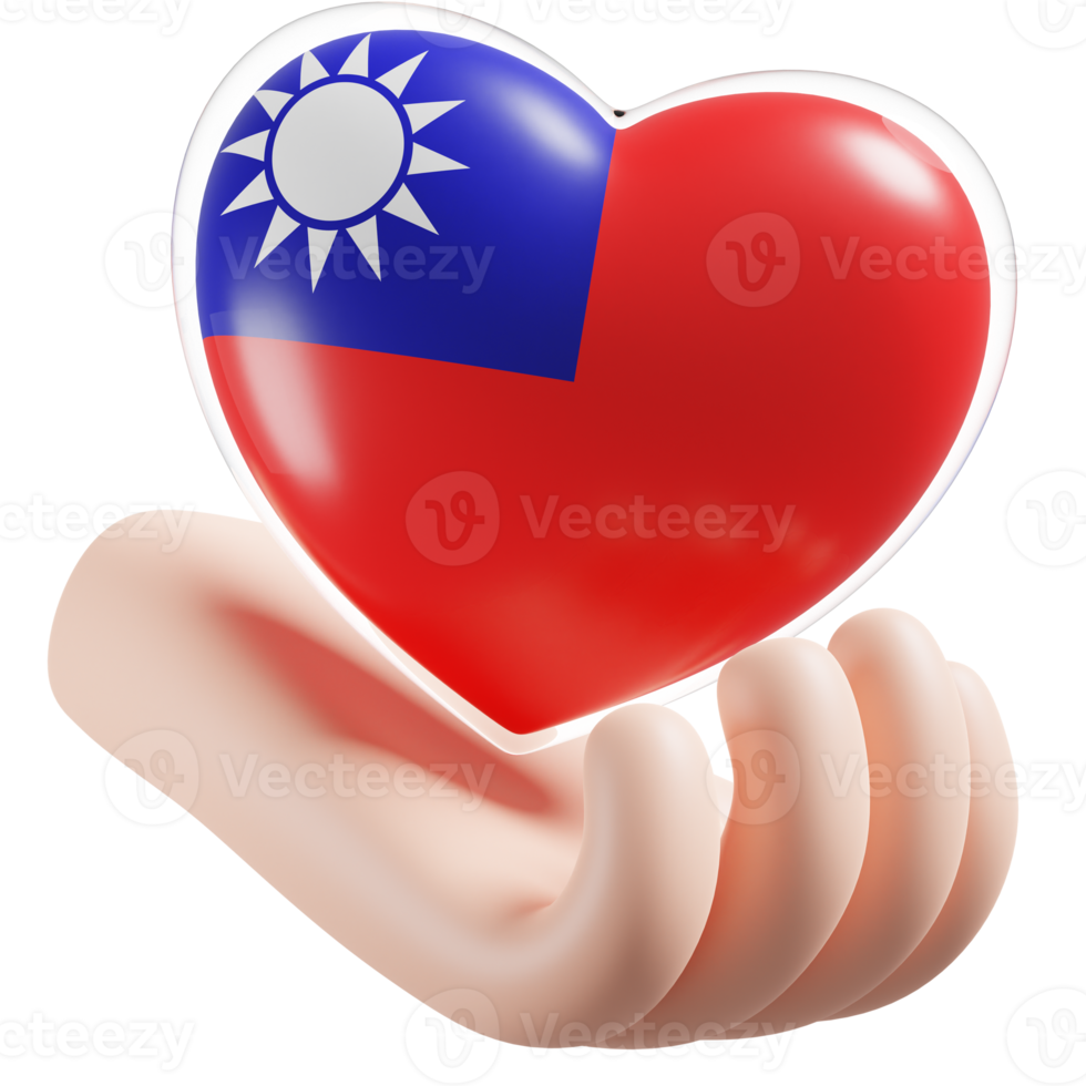 Taiwan Republic of China flag with heart hand care realistic 3d textured png