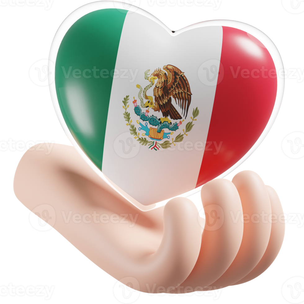 Mexico flag with heart hand care realistic 3d textured png