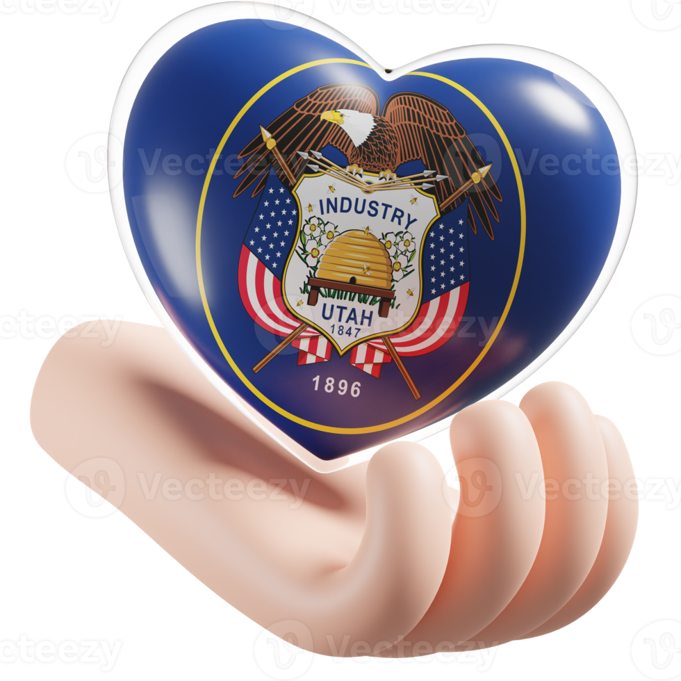 Utah flag with heart hand care realistic 3d textured png
