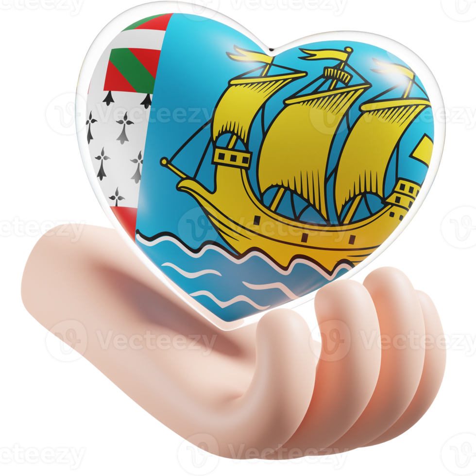 Saint Pierre and Miquelon flag with heart hand care realistic 3d textured png