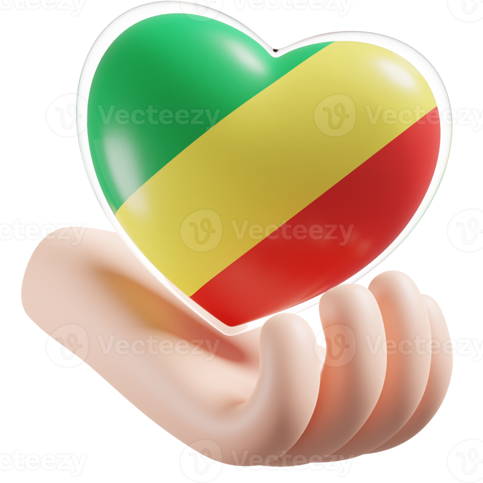 Republic of Congo flag with heart hand care realistic 3d textured png