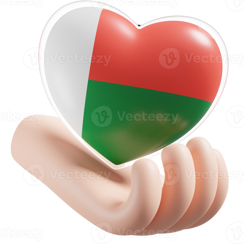 Madagascar flag with heart hand care realistic 3d textured png