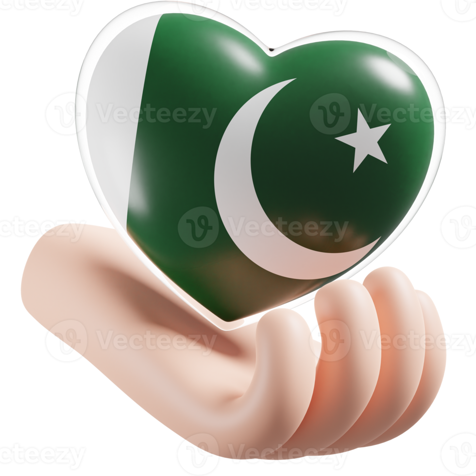 Pakistan vlag met hart hand- zorg realistisch 3d getextureerde png