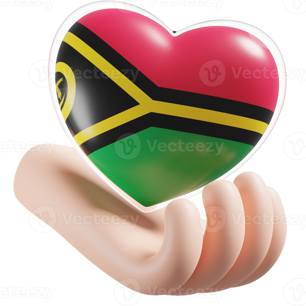 Vanuatu flag with heart hand care realistic 3d textured png