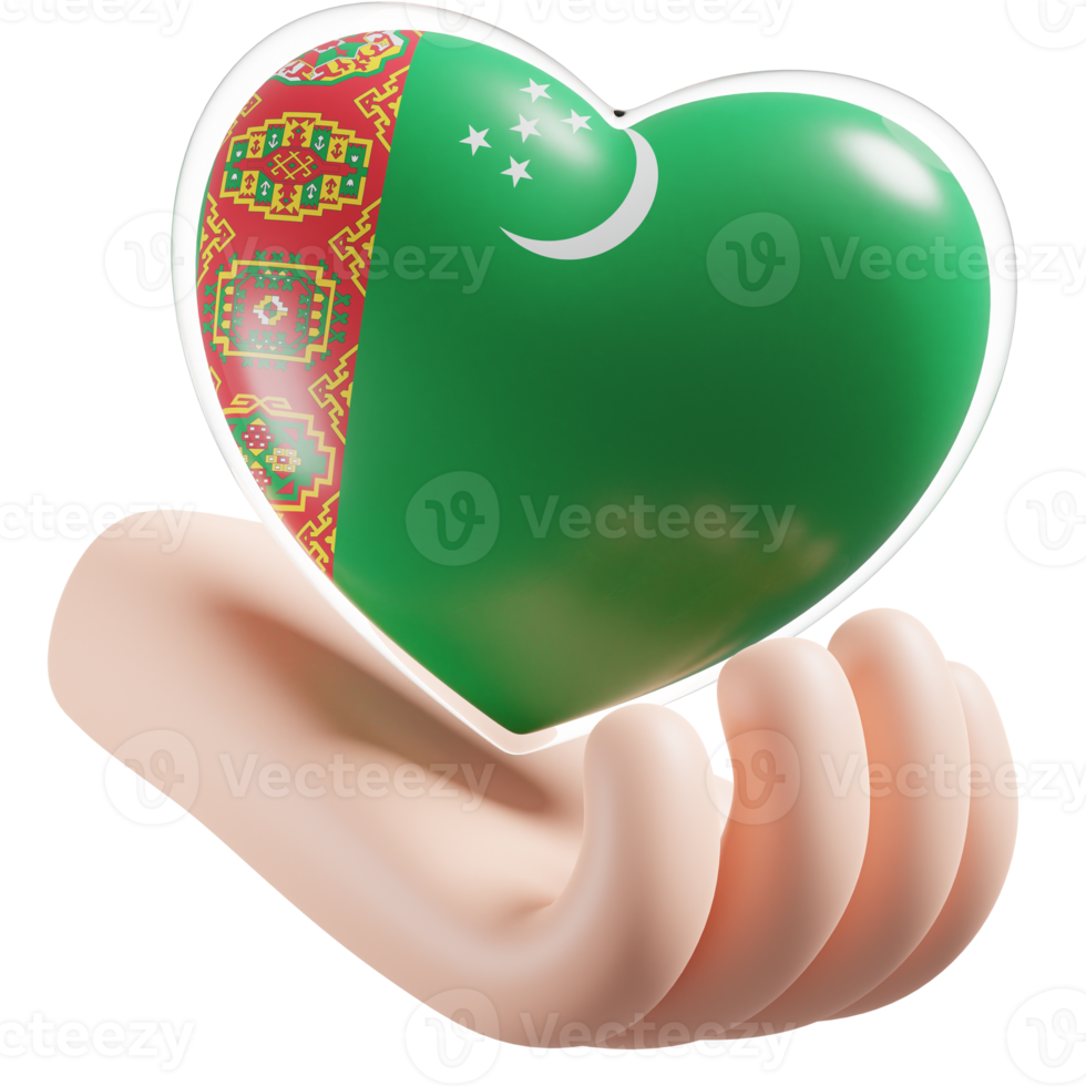 Turkmenistan flag with heart hand care realistic 3d textured png