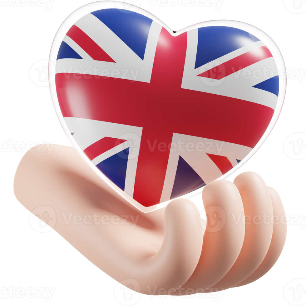 United Kingdom flag with heart hand care realistic 3d textured png