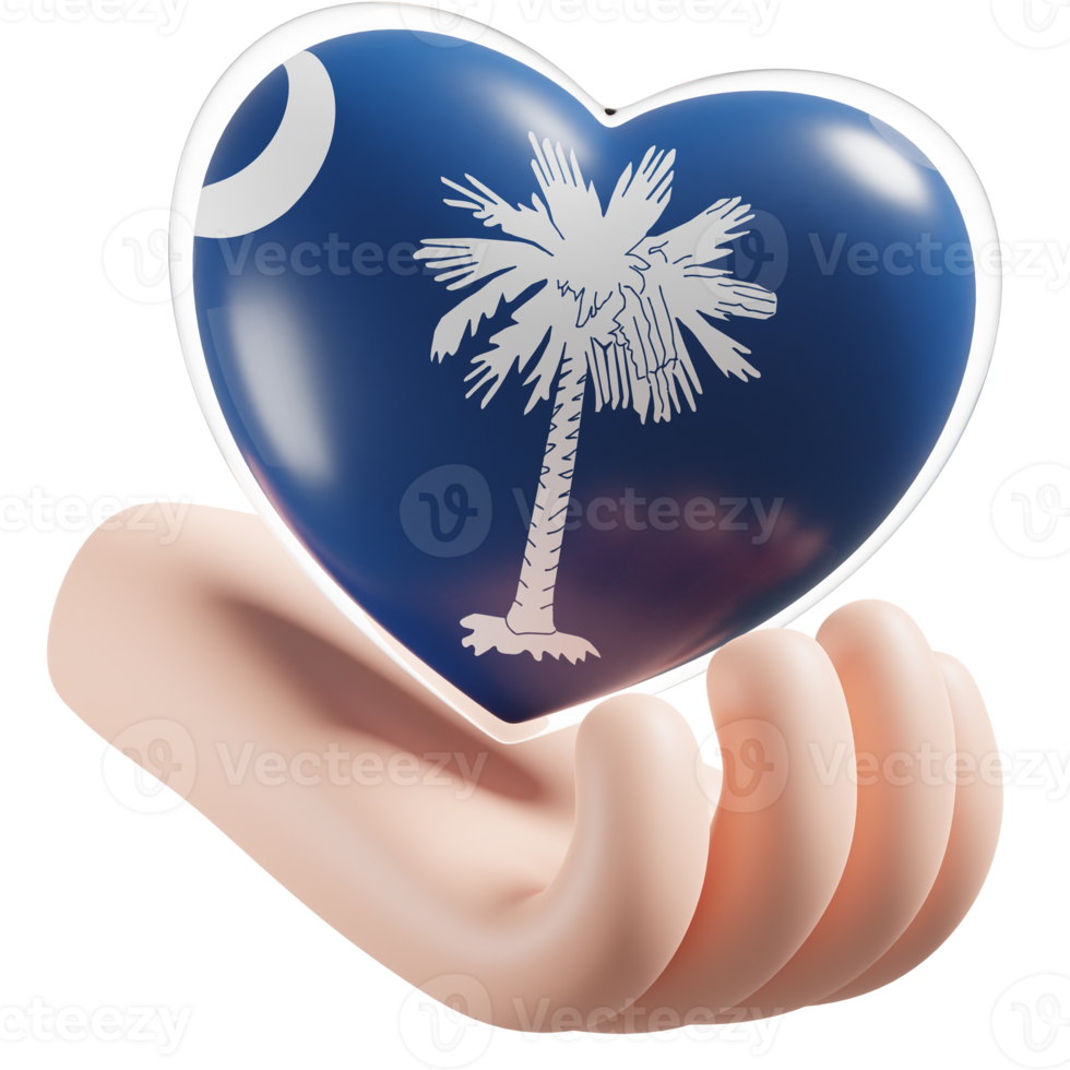 South Carolina flag with heart hand care realistic 3d textured png