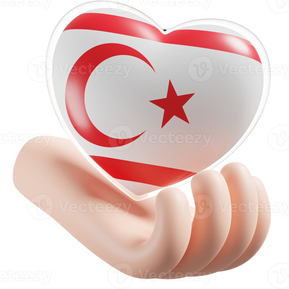 Turkish Republic of Northern Cyprus flag with heart hand care realistic 3d textured png