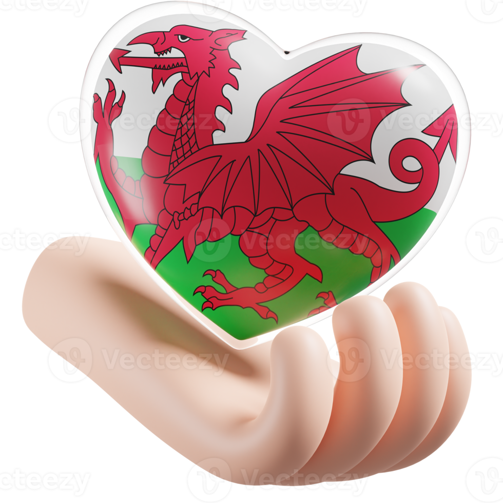 Wales flag with heart hand care realistic 3d textured png