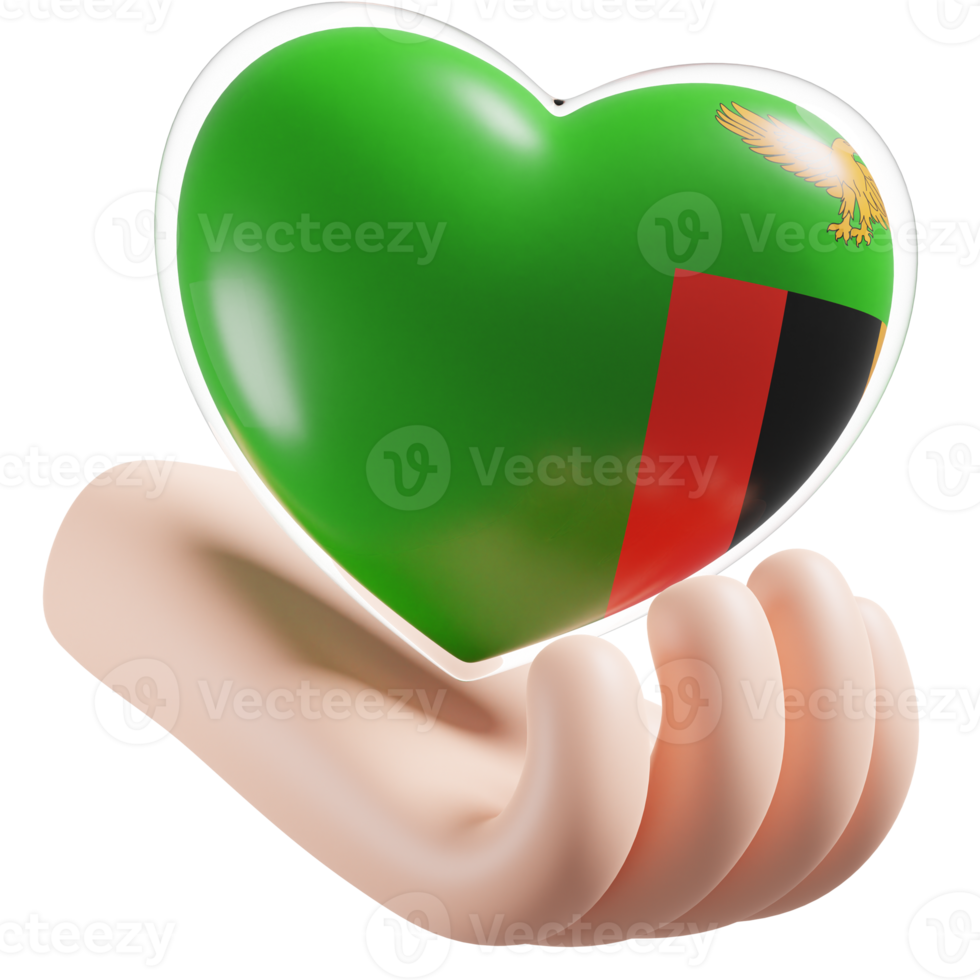 Zambia flag with heart hand care realistic 3d textured png