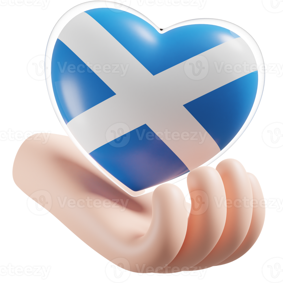 Scotland flag with heart hand care realistic 3d textured png