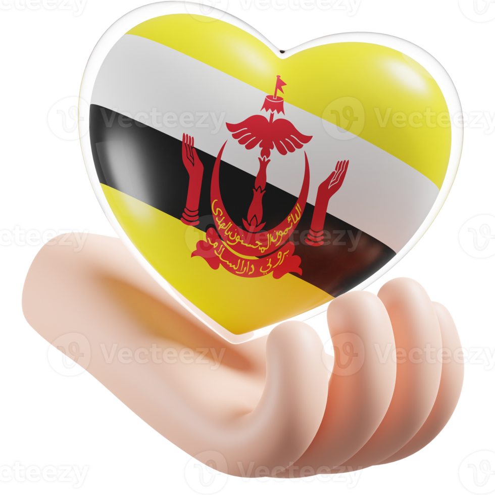 Brunei flag with heart hand care realistic 3d textured png