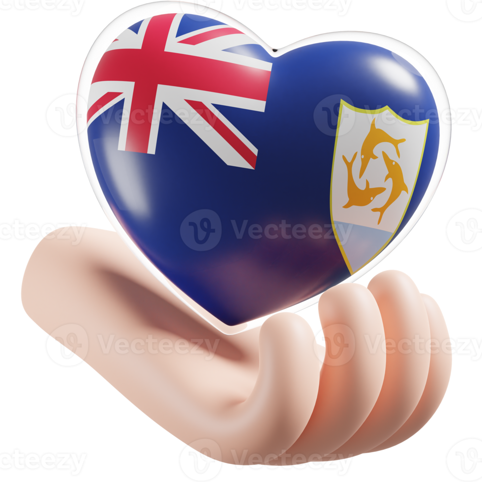 Anguilla flag with heart hand care realistic 3d textured png