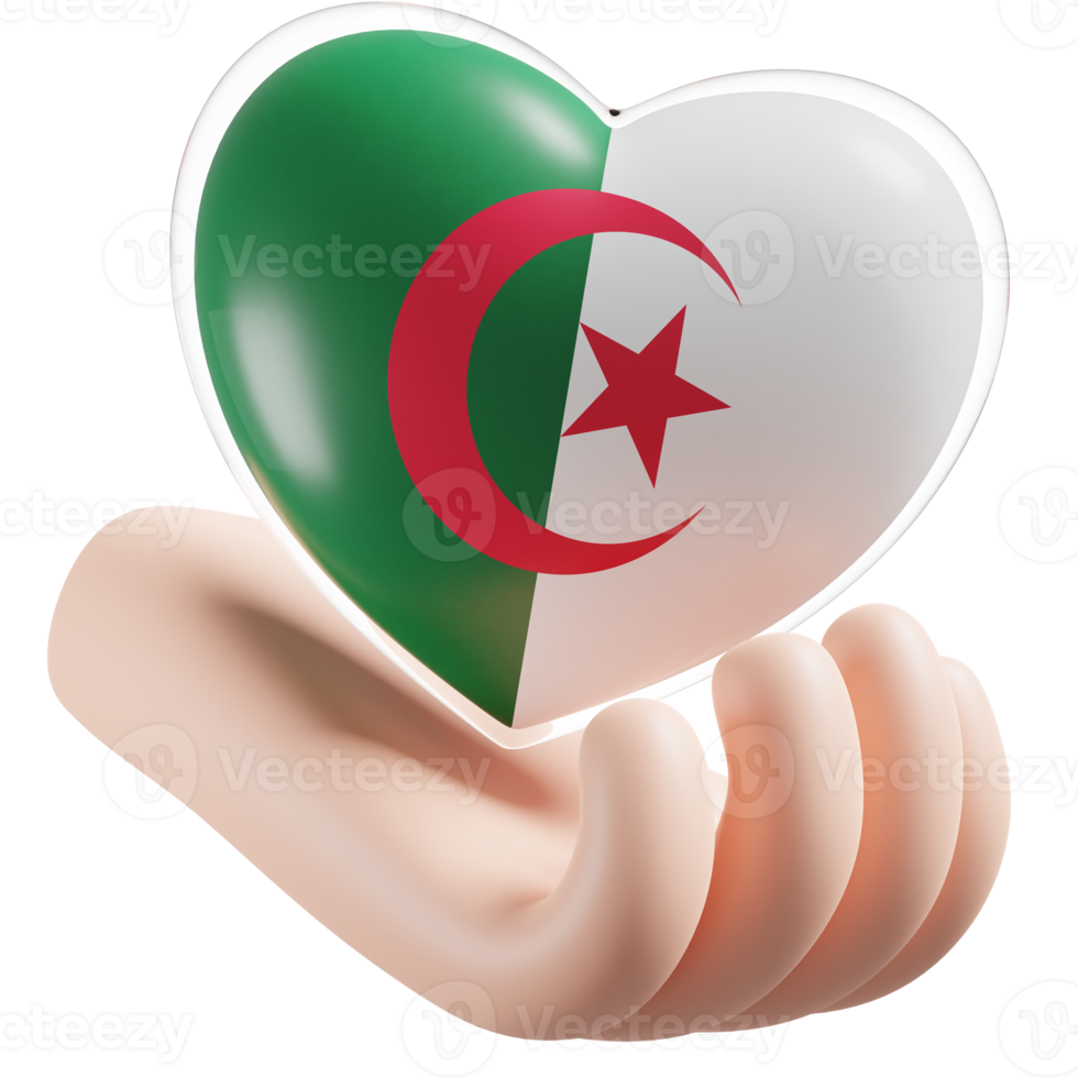 Algérie drapeau avec cœur main se soucier réaliste 3d texturé png