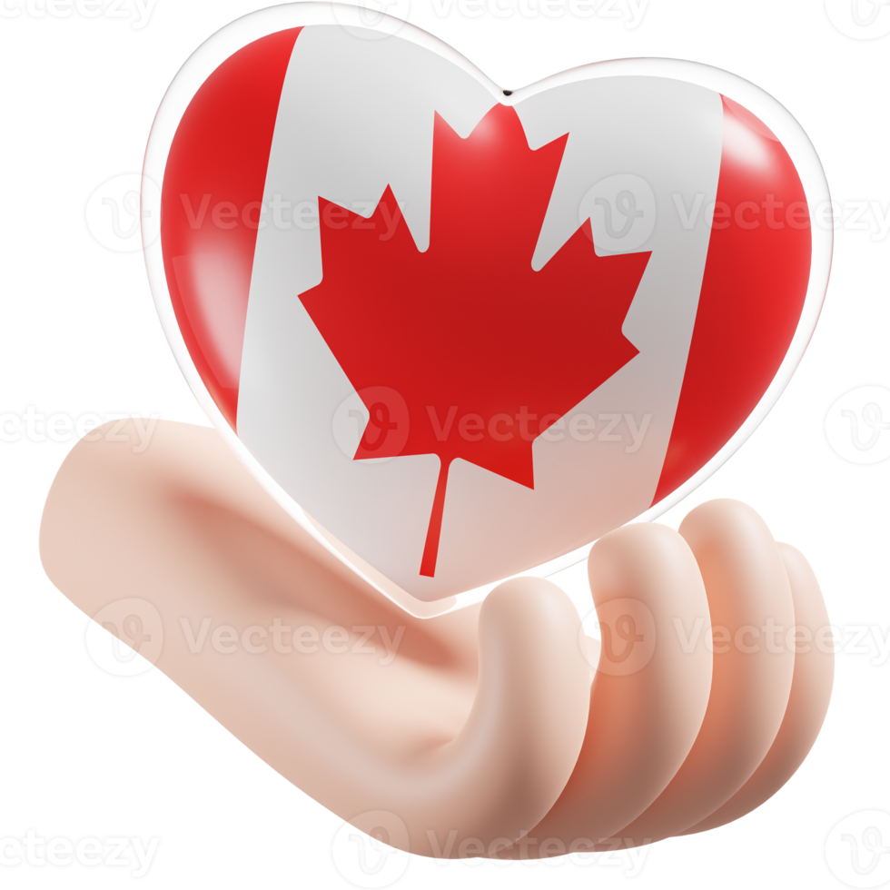 Canada flag with heart hand care realistic 3d textured png