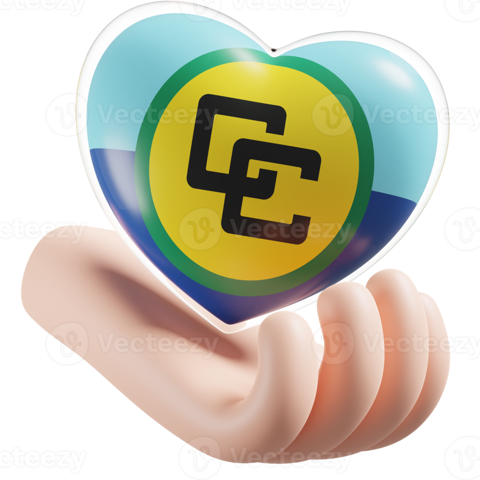 Caribbean Community flag with heart hand care realistic 3d textured png