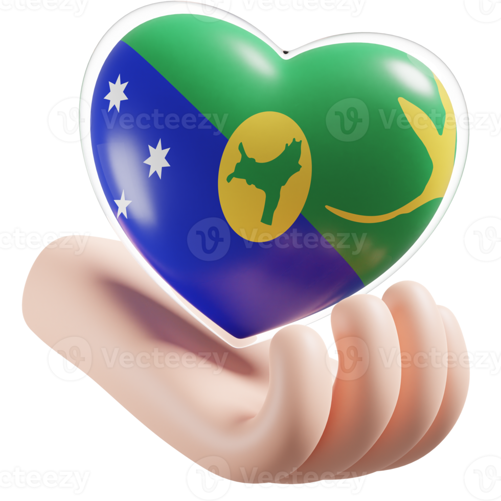 Christmas Island flag with heart hand care realistic 3d textured png