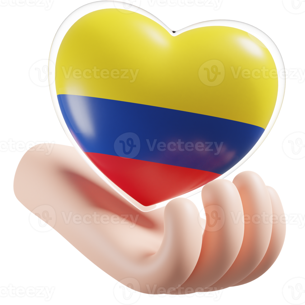 Colombia flag with heart hand care realistic 3d textured png