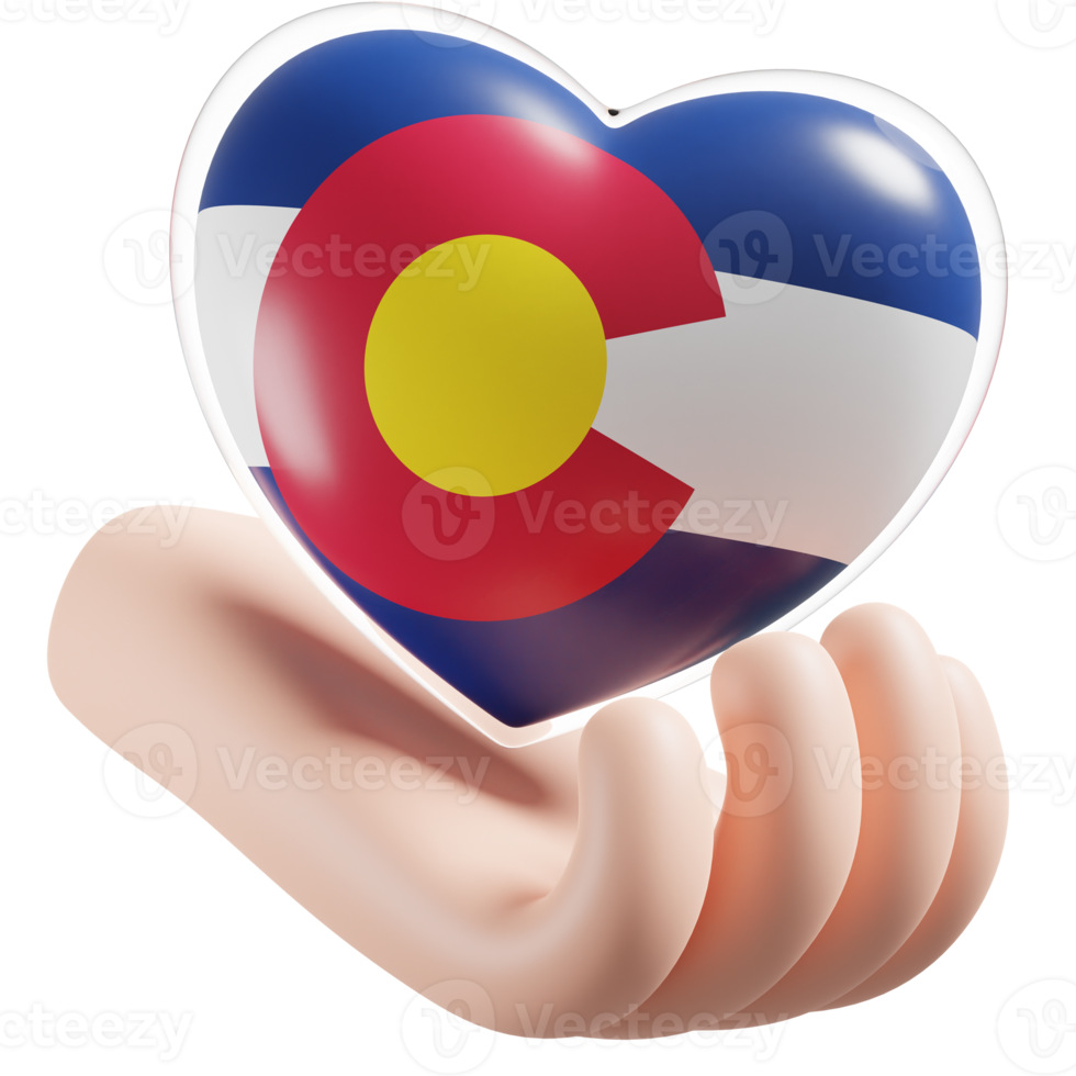 Colorado flag with heart hand care realistic 3d textured png