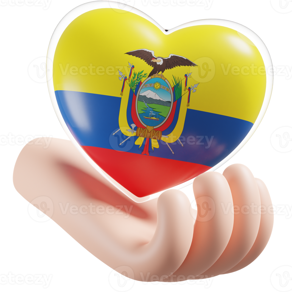 Ecuador vlag met hart hand- zorg realistisch 3d getextureerde png